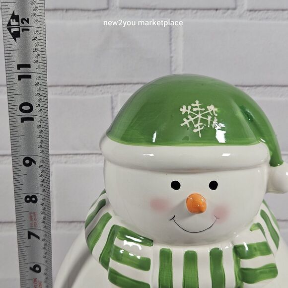 Snowman Cookie Jar Green and White w/Snowflake Scarf With Rubber Stopper 11"X6W. - Picture 10 of 13
